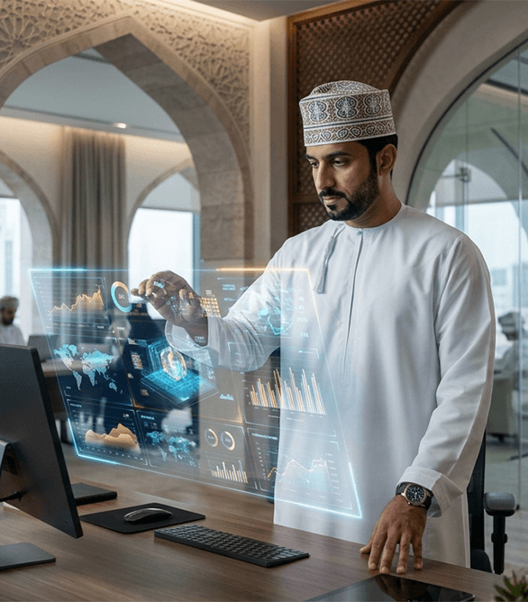 موظف في دار المعاني يستعرض بيانات المعاملات على شاشة رقمية